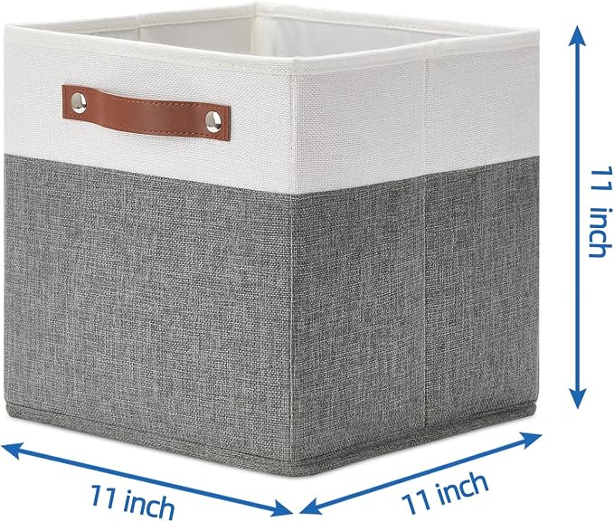 Temary Cube Storage Bins 4 Pack Storage Cubes 11?11 Fabric Storage Bins Foldable Cube Storage Baskets with Handles, Collapsible Storage Basket for Shelf (White & Grey, 11 x 11 x 11) - Image 2