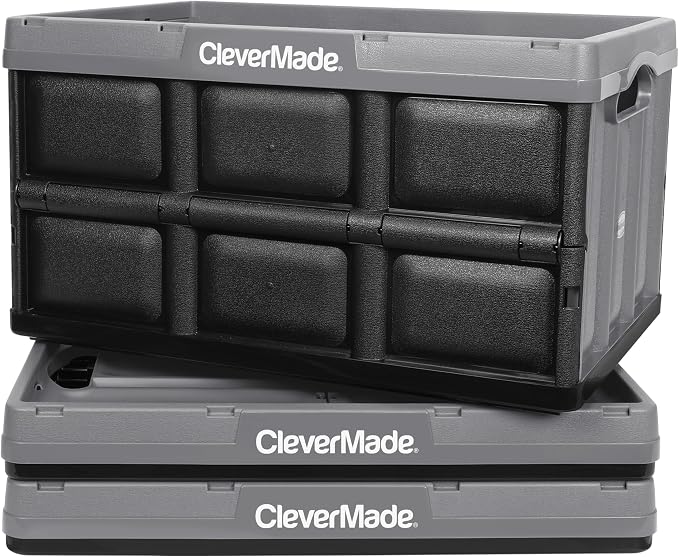 CleverMade Collapsible Storage Bins, 46L, 3 Pack Foldable Storage, Stone | Carry Groceries, Tools, and Gear Without Bulky Totes | Each Bin Holds 75 lb, Stacks Securely, and Folds to 2.75 Inches - Image 9