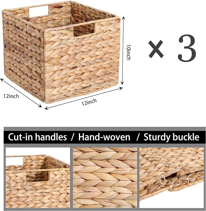 12x12x10in Water Hyacinth Storage Basket Large, Folding Cube Woven Wicker Storage Basket for Shelves, Pantry Baskets Organization and Storage, Kitchen Storage Baskets, Large Rattan Basket Set of 3 - Image 3
