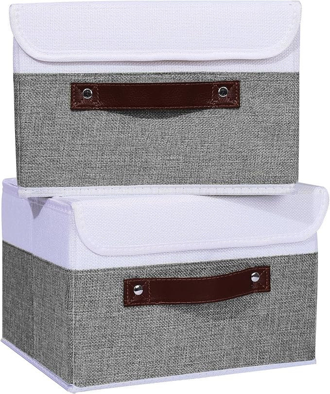 ANMINY Fabric Storage Box Bins with Lids, Gray White, 10"x8"x7", 4 Pack | Keepsake Memory Storage, Cotton Linen, PP Board Reinforced, Washable, PU Handles, Foldable & Stackable, Decorative, Small - Image 2