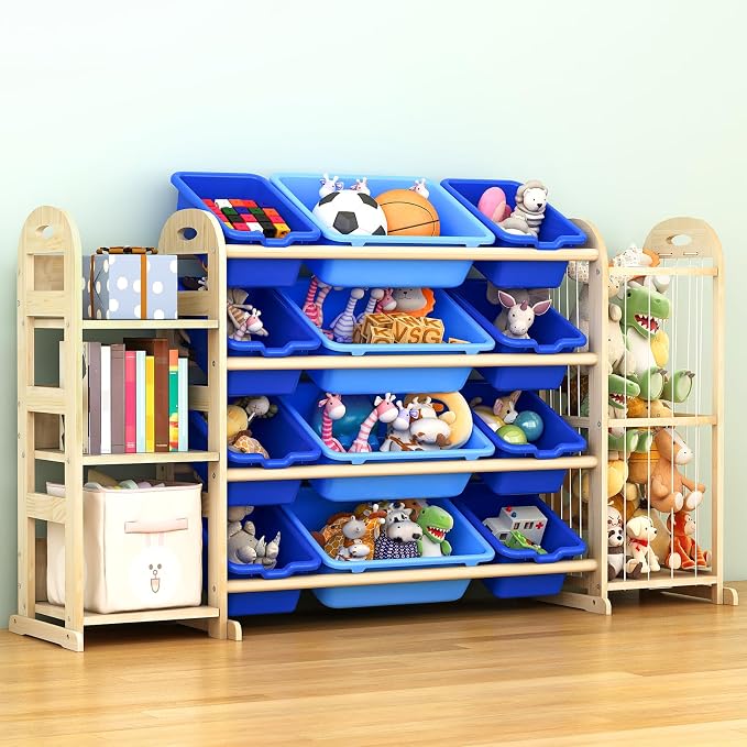 Kids Toy Storage Organizer, Toy Organizers and Storage with Stuffed Animal Storage, Toy Storage Shelf with 3 Shelves, 12 Storage Bins, Kids Bookshelf, Toy Holder for Playrooms, Bedrooms, Blue - Image 4