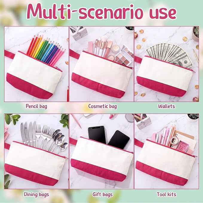 Sanwuta 30 Pcs Canvas Tote Bags Bulk with Zipper Cosmetic Pouch,Rose Red | 18.5" Reusable Cotton Shopping Bag with Handle for DIY Craft - Image 5