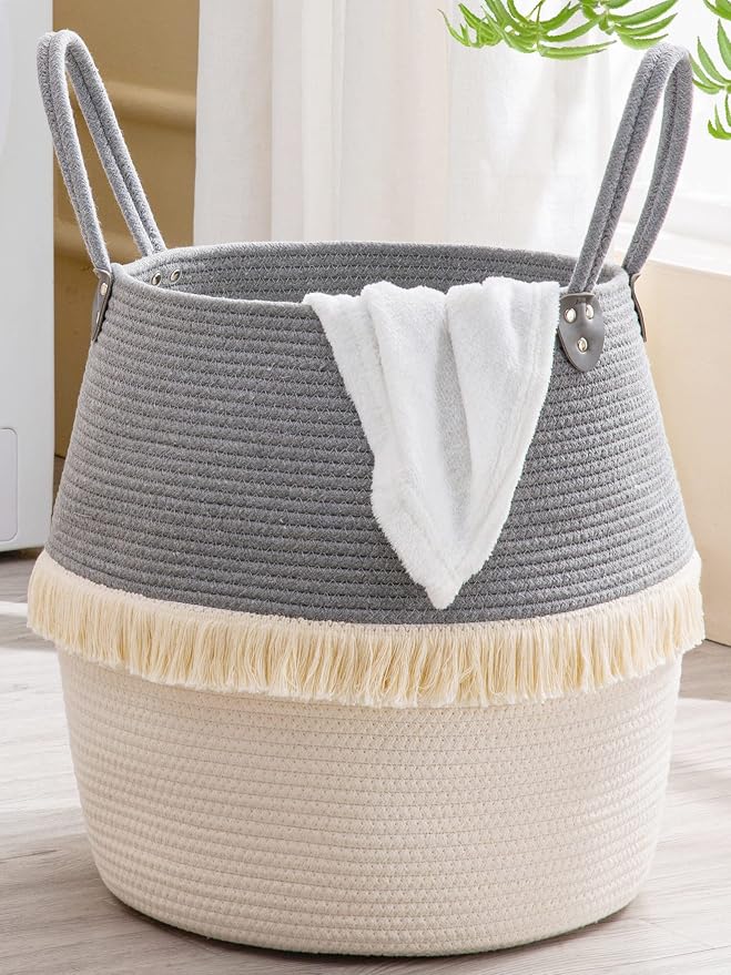 KAKAMAY Woven Baskets for Storage(17"x17"),Large Cotton Rope Woven Baby Laundry Hamper,Collapsible Laundry Basket, Blanket Basket for Organizing Living Room,Nursery,Pillows,Toy Chest(Grey) by KAKAMAY