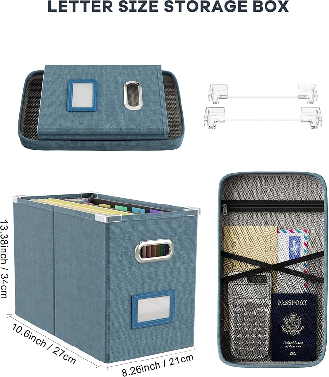 File Organizer Box with Lid, Hanging Filing File Box with Mesh Pocket, Document Organizer Box for Letter Files, Portable Storage Box with Smooth Sliding Rail for Office&Home (1 PCS, Dark-blue) - Image 2