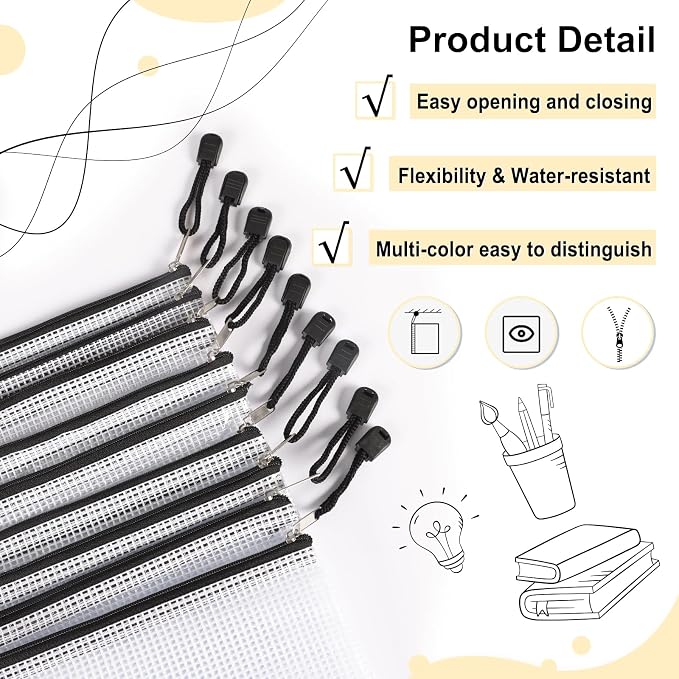 EOOUT 56pcs Mesh Zipper Pouch, 8 Sizes Waterproof Zipper Bags, Plastic Zip File Docunment Folders, Multipurpose for Board Games Travel Storage, School Supplies, and Home Organization, Black - Image 3