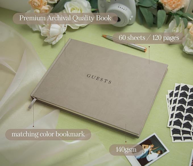 Large Photo Guest Book (Taupe) - Up To 240 Photo Slot | Fits Instant Photos | 11.5" x 8.5" Party Memory Book | Includes Photo Corner Stickers | 120 Lined Pages | Neutral Color Photo Booth Sign In Book - Image 3