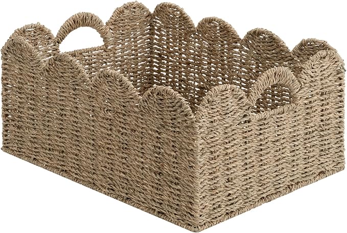 StorageWorks Scalloped Seagrass Baskets, Large Scalloped Basket for Nursery | Scalloped Wicker Basket for Living Room, Decorative Scalloped Baskets for Storage, Wicker Baskets for Organizing and Decor by StorageWorks