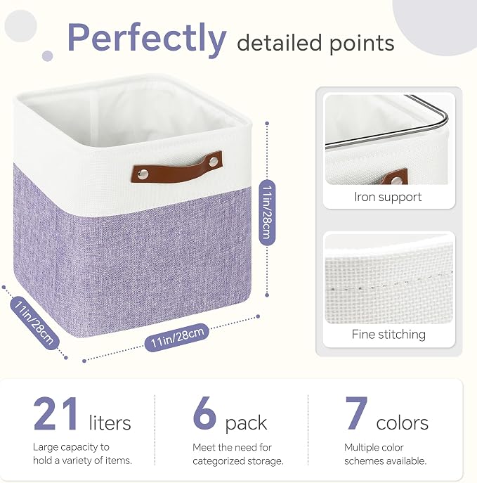 FinishingBo 11 inch Cube Storage Bin 6 Pack, Cube Organizer Bins | Fabric Storage Bins With Handles, 11x11 Storage Cubes, Shelf Basket, White/ Purple - Image 4