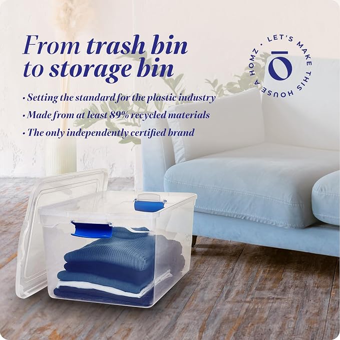 HOMZ Clear Plastic Storage Bins w/Latching Lid, 66 Qt, Blue Latch, 2 Pack | Large Stackable Container Boxes for Homes, Bathrooms, Garages, and Office Organization - Image 7