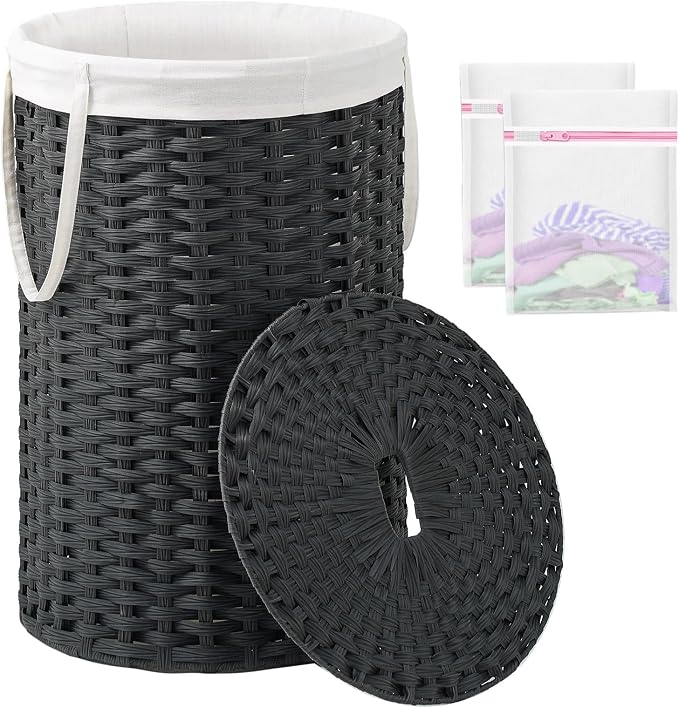SETVSON Large Laundry Hamper Laundry Basket Round 130L, Black | Decorative PE Rattan Furniture Look for Bedroom, Round Laundry Hamper, Removable Liner Bag, 2 Mesh Bags, Handles by SETVSON