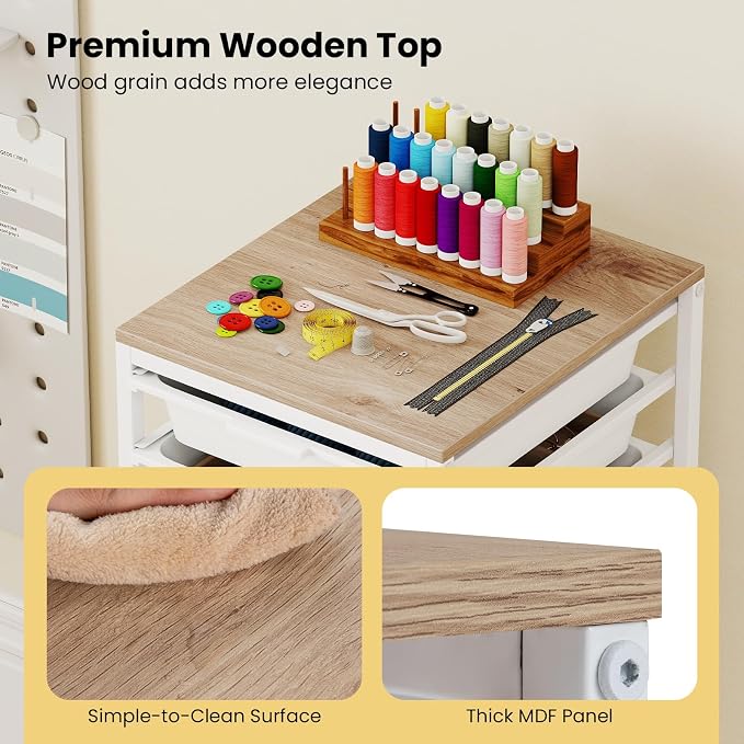 Rolling Storage Cart with 10 Drawers, Plastic Craft Organizer on Wheels with Wooden Top, Mobile Art Supply Utility Cart for Classroom, Home, Office - Image 5