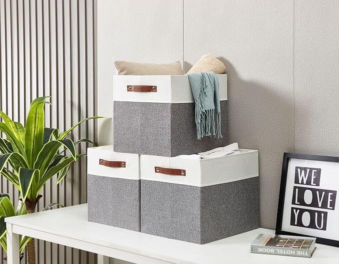 DECOMOMO Kallax Storage Cubes, Storage Baskets for Shelves 3-Pack | 13 x 15 x 13 Storage Bins, Baskets for Organizing Shelves (Grey & White) - Image 6