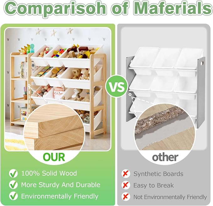 MallBest Toy Storage Organizer with Bookshelf, Kids Wooden Shelf with 12 Removable Bins for Books, Toys, Playroom, Nursery, Bedroom, Natural, Medium - Image 3