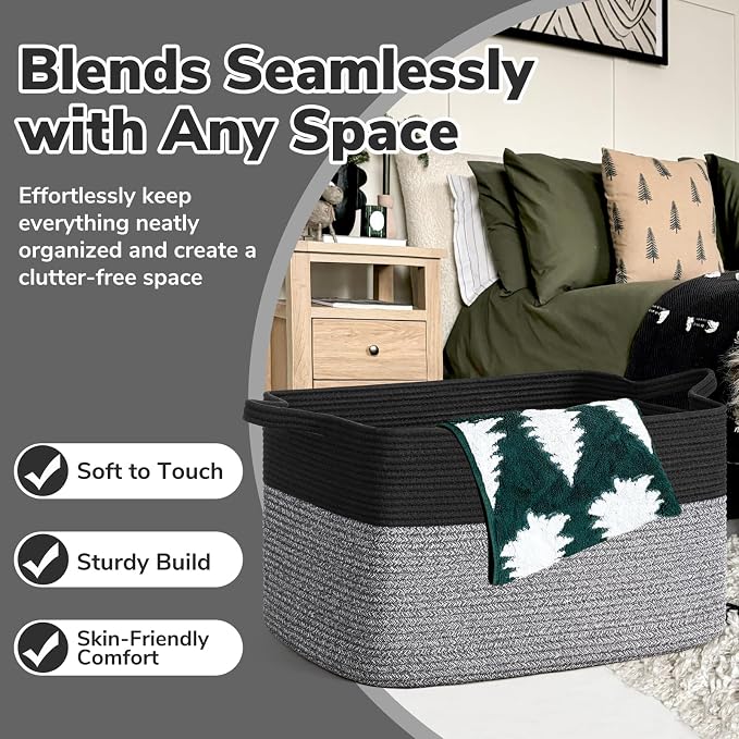 Goodpick Large Woven Rope Blanket Basket, Rectangle, Black & Gray | 21.6'' x 14.9'' x 11.8'' Storage Basket for Toys & Nursery Essentials, Living Room & Bedroom Organization, Reinforced Handles - Image 5