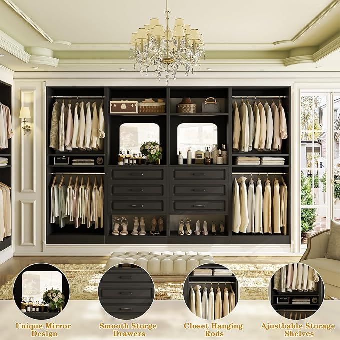 Unikito 100" Wood Closet System with Drawers and Mirror, Black | Large walk in wardrobe organizer with hanging rods and adjustable shelves, sturdy freestanding garment rack tower. - Image 4