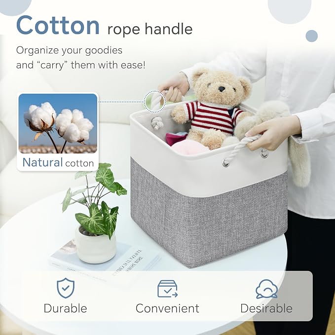 FinishingBo 11 inch Cube Storage Bin with Handles 6 Pack | Foldable Basket, Fabric Storage Bins, Closet Storage, Home Organizer (White/Grey) - Image 4