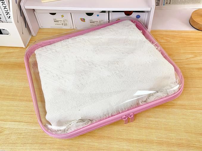 3PCS Clear Hard Shell Zipper Case 13.8 * 11.8 * 2 IN (Pink) | Transparent shell for easy item access. Works as cosmetic bag, toy pouch, diaper organizer and pencil case. - Image 5