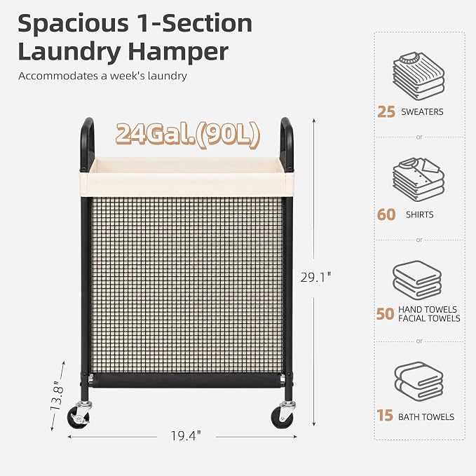 STORAGE MANIAC Rolling Laundry Hamper with Wheels 1-Section Laundry Sorter Rolling Laundrys Basket on Wheels with Removable Bag Clothes Hamper Laundrys Organizer Cart Bathroom Bedroom 90L Beige - Image 3