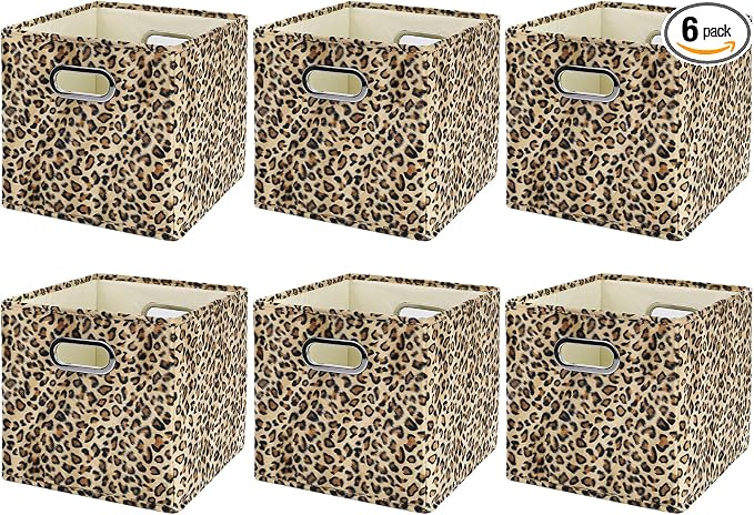 ANMINY Leopard Cheetah Print Storage Cubes Bins, Velvet, Brown, 11Inch 6PCS | Collapsible & Washable, PP Board Frame, Built-in Metal Handles, Animal Themed Fabric Cubes Baskets for Closet Shelves Decor by ANMINY