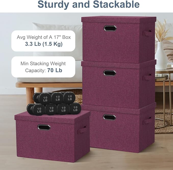 Storage Bins with Lids Fabric Closet Organizers Cubes Office Organization | 36 Quart 3 Pack Purple Collapsible Stackable Linen Fabric 4 Handles Bedroom Closet Cabinet Under Bed Clothes Toy Office File - Image 3
