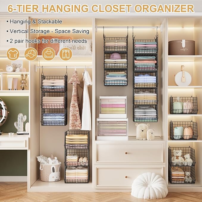 6 Tier Closet Hanging Organizer, Clothes Hanging Shelves with 4 Hanging Hooks 5 S Hooks, Wire Storage Basket Bins, for Clothing Sweaters Shoes Handbags Clutches Accessories Patent Design-Black - Image 4