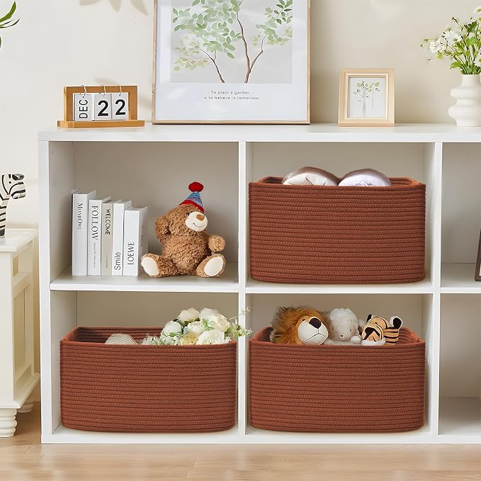 3 Pack Large Storage Basket for Organizing, 17.5"x13"x7" Woven Basket for Shelves, Closet Cube Storage Bins with Wrapped Handle, Cotton Rope Baskets for Kitchen, Clothes, Toys(Oxide Red) - Image 4