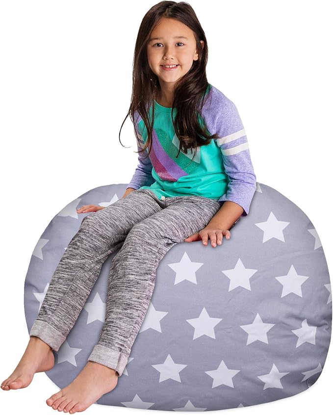 Posh Creations Kids Stuffed Animal Storage Bean Bag Chair Cover - Childrens Toy Organizer, Large-38in, Canvas White Stars on Gray - Image 4