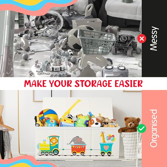Extra Large Collapsible Sturdy Toy Storage Organizer with Lids, Animal Train Toy Box for Boys Girls, 40"x16"x16", Modern, Beige - Image 6