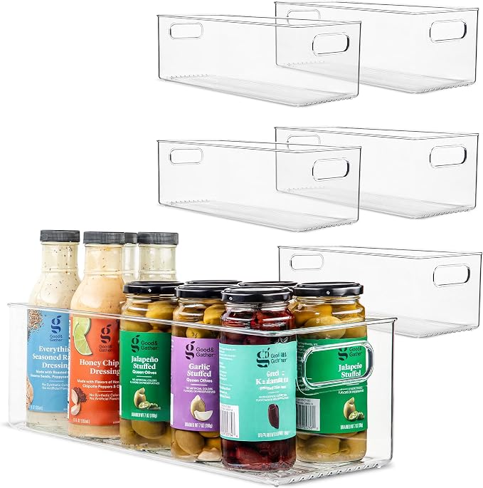 Plastic Food Storage 6 Pack Clear Container Bin with Handles for Organizing Kitchen, Pantry, Fridge, Freezer, Pantry, Bathroom. 14"x6"5" by primebox