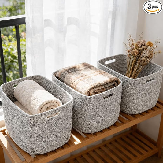 3 Pack Woven Baskets,Storage Baskets for Shelves with Handles | 13.5"×11"×9.5", Closet Baskets, Nursery Organizer for Toys Towels Books, Storage Bin for Living Room Bedroom (Mixed Grey) by HZFTJOY