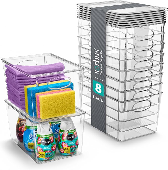 Sorbus Large Clear Plastic Storage Bins with Lids, Clear Stackable Storage Bins, Laundry Room Organizer Bins, Office, Classroom, Playroom, Bathroom, Laundry Room Organization and Storage (8 Pack) by Sorbus