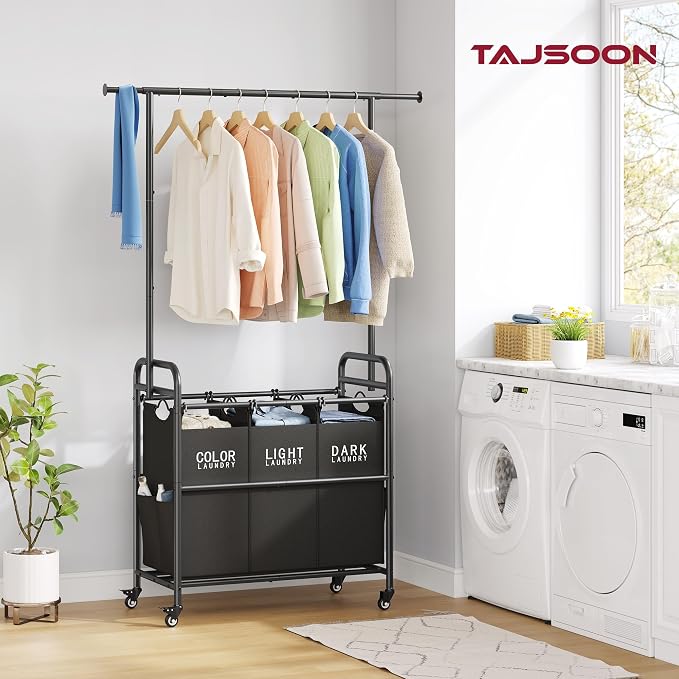 Laundry Sorter with Hanging Bar, 3 Section Laundry Hamper, Black | 39 Gal Laundry Sorter with Hanging Rod and Removable Bags, Divided Laundry Basket Organizer for Bedroom, Bathroom, Home - Image 2