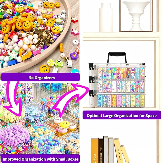 3-Tier Large Capacity Stackable Bead Organizer Box 90 Pcs, Portable Plastic Craft Storage Containers for Jewelry Making, Bracelets, DIY, Nail Art Charms - Image 7