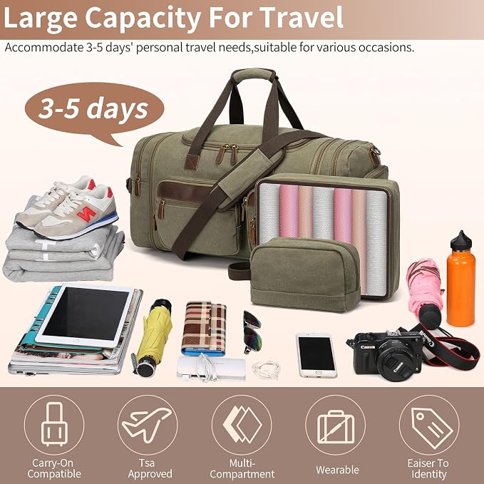 Mens Duffle Bag for Travel 60L Expandable Canvas Weekender Overnight Travel Duffel Bag with Shoe Compartment Carry-On for Airplanes Army Green - Image 6