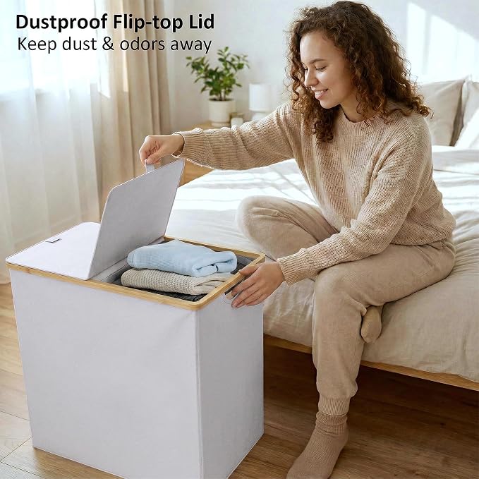 efluky Laundry Hamper with Lid, Double Laundry Basket with 2 Removable Bags, 2 Section Laundry Bin with Bamboo Handles for Bathroom, Bedroom & Laundry Room, 140L (36.9 Gallon) Light Grey - Image 7