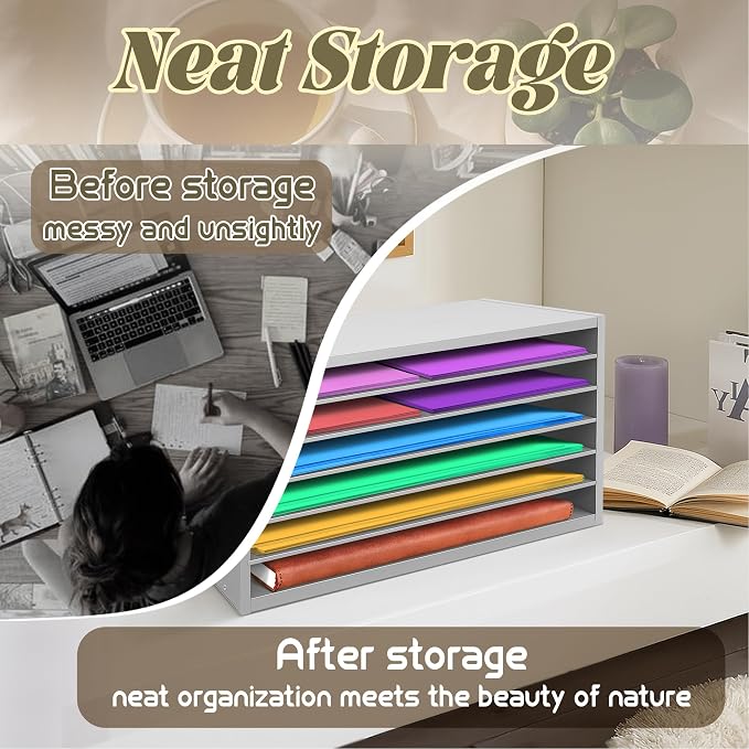 Construction Paper Organizer 20" x 13.5" x12.2",Soild Wooden Paper Organizer with 6-Tier Letter Trays, Desktop File Papers Sorter for Home, Classroom and Office (Gray) - Image 4