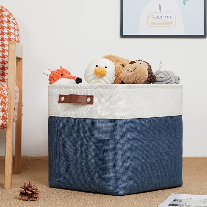 DULLEMELO Foldable Storage Cubes 12 x 12 Organizer Bins,Canvas Storage Bins Empty Gift Baskets for Organizing with SturdyLeather Handles, Closet Baskets for Nursery Storage(4 Pack - 12" White&Blue) - Image 4