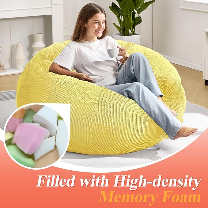 4FT Bean Bag Chair for Adults,Large Teardrop Beanbag with Filler | Beanbag Chair with Memory Foam Filled,Bean Bags with Handy Handle&Machine Washable Cover for Living Room,Bedroom-Yellow - Image 4