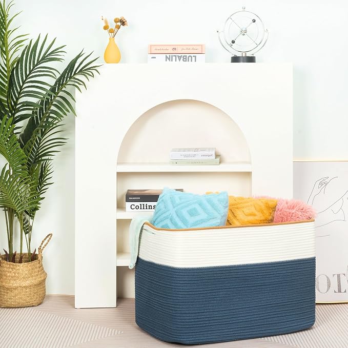 112L Extra Large Blanket Basket Holder Living Room, 25"x17"x16" Rectangle Rope Woven Storage Basket with Handles for Laundry, Towels, Shoes, Dog Toy Organizer Bin Box, Prussian Blue - Image 6