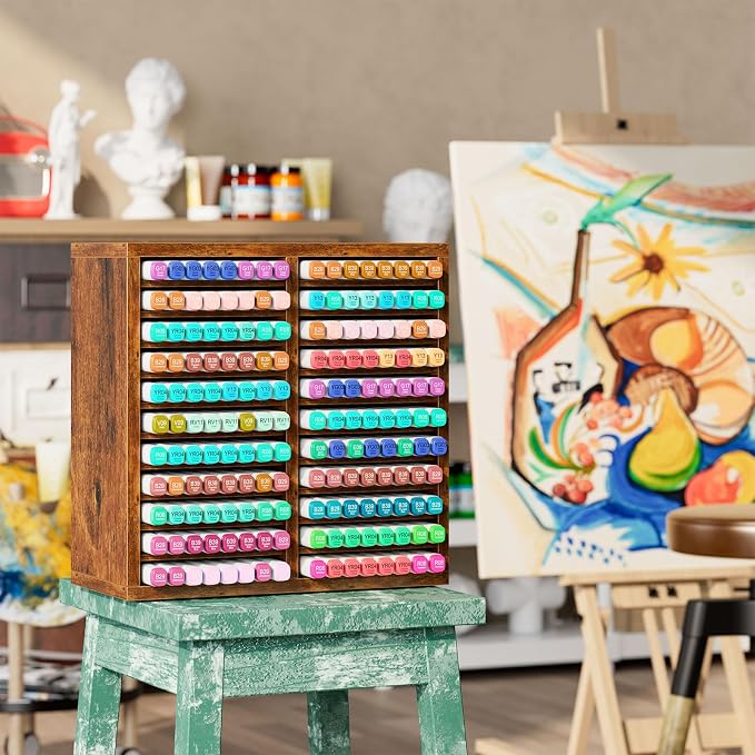 YMYNY Wooden Marker Organizer, Vintage Brown,11.81 x 5.31 x 11.81 HMR001H | Desktop Storage Hold 176 Markers,Pens,Pencils,Art Brushes Stationary Organizer Pencil Holder with 22 Compartments for Home - Image 8