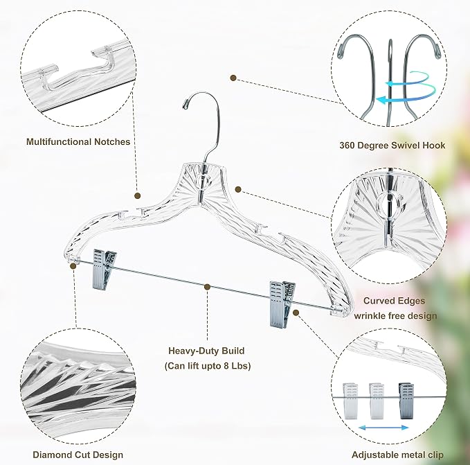 Quality Clear Plastic Skirt Hangers - 96 Pack Crystal Cut for Skirt, Pant, Dress, Suit, Coat Hangers Heavy Duty & Nonslip Design Adjustable Clips, Swivel Hook, 17" inch - Image 3
