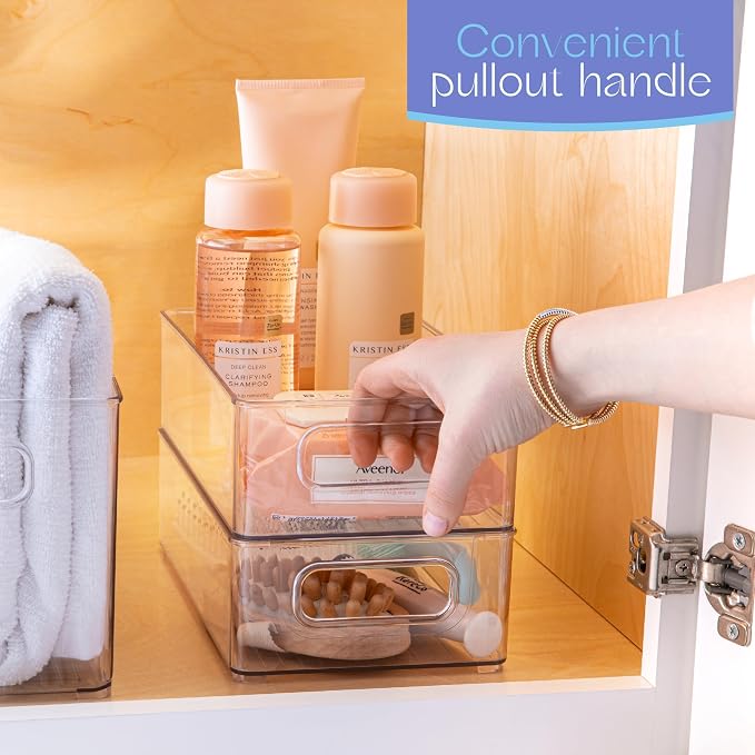 Plastic Food Storage 2 Pack Clear Container Bin with Handles for Organizing Kitchen, Pantry, Refrigerator, Freezer, Pantry, Cabinet, Closet, Bathroom. Stackable 10”x6”x3” - Image 5