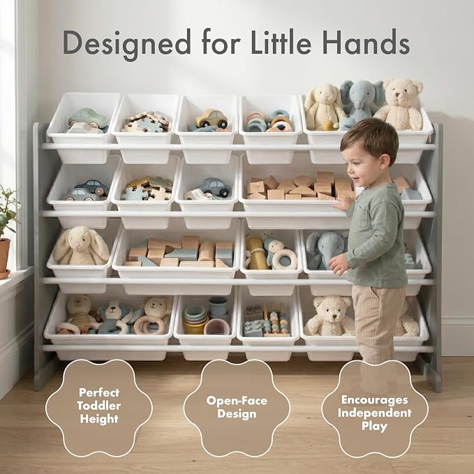 Humble Crew Kids Toy Organizer with 20 Bins, 4 Tier Storage for Playroom | Sturdy wood and steel toddler shelf, removable BPA-free containers, wall anchor anti-tip safety kit for bedroom or classroom - Image 2