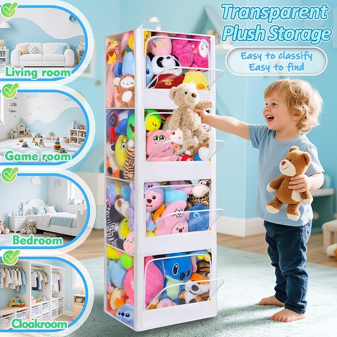 Transparent Dustproof Stuffed Animal Storage - Plushies Storage with Zipper Easy Find Items More Capacity Toy Organizer Horizontal & Vertical Dual-Use 4-Tier Space-Saving Organizer for Kids Room - Image 2
