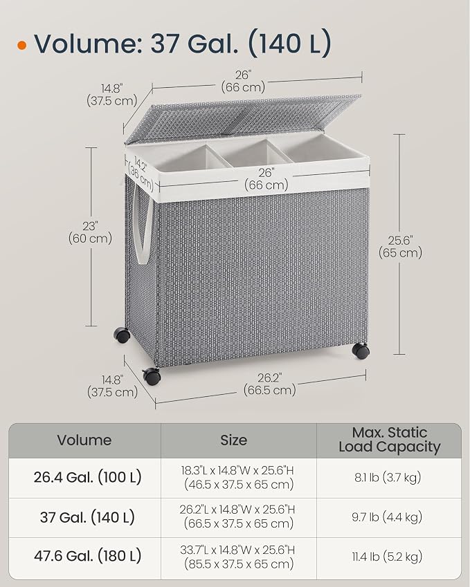SONGMICS HOME Laundry Hamper with 3 Section, 140 L, Rattan, with Wheels | Rolling Clothes Basket with Lid, Removable Liner with Handles, Gray and Black, PEZZO Collection ULCB602G01 - Image 7