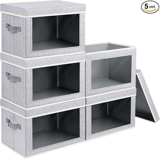 Storage Box with Lids - 5 Pack Foldable Clear Window Storage Bins, Large Decorative Storage Bins with Handles, Storage Containers for Clothes, Towel, Blanket, Sheet, Light Grey by Homsorout
