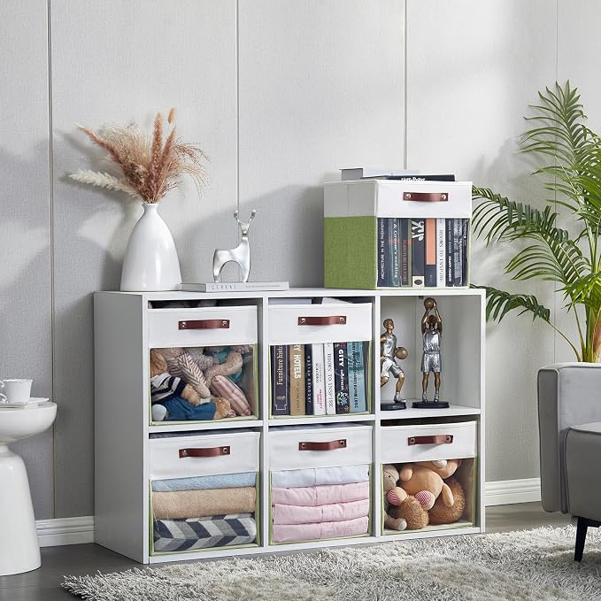 Storage Cubes, 4 Pack Linen Foldable Storage Bins (13 x 13 inch) with Clear Window and Handles, Fabric Organizer for Shelf Closet, Clothes, Books - (Green and White) - Image 5
