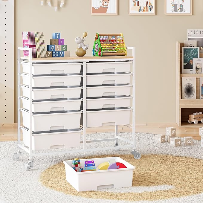 TOOLF 12 Drawers Rolling Storage Cart with Wooden Top for Classroom,White | Teacher Cart Craft Art Supply Organizer, Utility Cart with Lockable Wheels for Home Household Essentials, Office Organization - Image 8