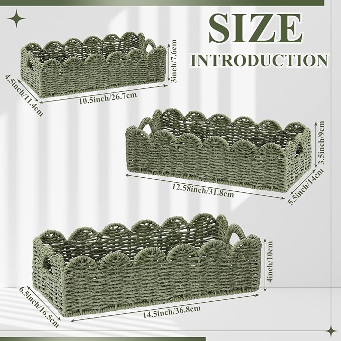Boao 3 Pcs Boho Storage Wicker Baskets Handmade Woven Decorative Paper Rope Baskets for Organizing with Handle Countertop Toilet Paper Storage Container for Toilet Tank Top(Green,Fan-shaped) - Image 2