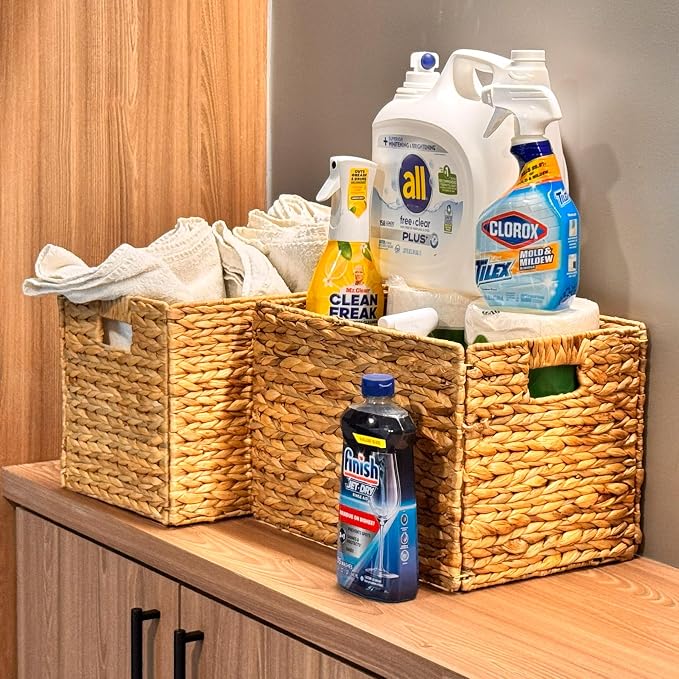 6 Decorative Hand-Woven Water Hyacinth Wicker Storage Basket, 16x11x11 Ideal for Shelving Units - Image 11